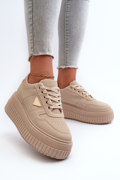 Moteriški sportbačiai, pagaminti iš ekologiškos odos ant Chunky Platform Beige Chrisstin