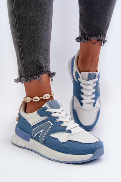 Damen Blaue Kunstleder Jeans Sneakers Vinelli
