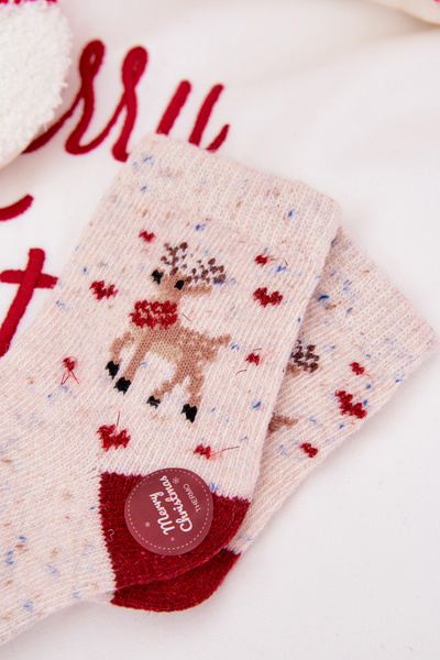 Chaussettes de Noël pour Enfants Avec Renne Laine Alpaga Beige