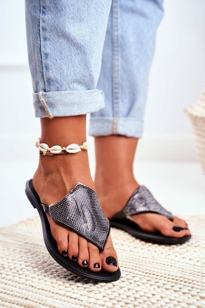 Lu Boo Damen Gummi Flip Flops Schwarz Pailletten Flip Flops Anika