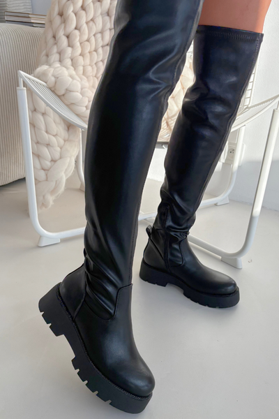 Bottes Jusqu'au Genou Avec Strass Noires Rivessa