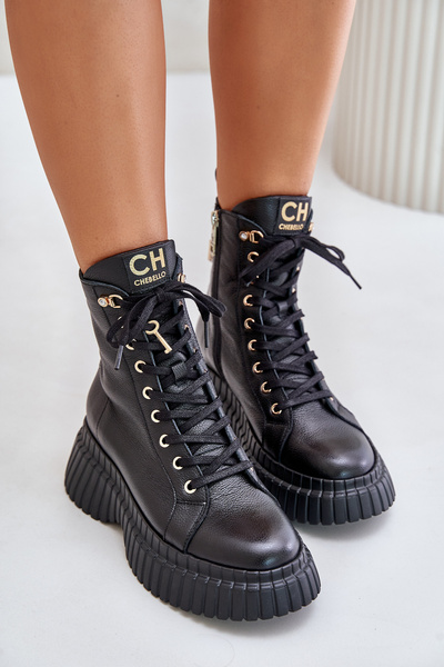 Bottines En Cuir Sur Plateforme Avec Fermeture Éclair Et Cadenas Décoratif CheBello 4517 Noir