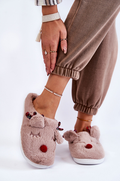 Chaussons de Noël femme en fourrure avec renne Beige Claire
