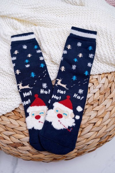 Chaussettes de Noël Femme Antidérapantes Bleu Marine avec Père Noël