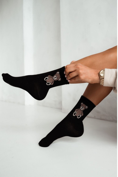 Damen Baumwollsocken Mit Einem Bären Schwarz