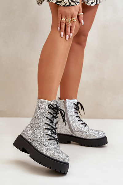 Warm gefütterte Stiefeletten Damen verziert mit Pailletten silber Liatheine