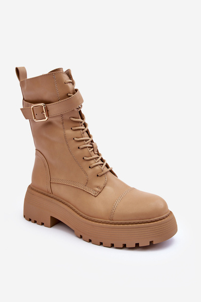 Lederstiefel Mit Flachem Absatz Und Schnalle Beigefarbene Samivlo