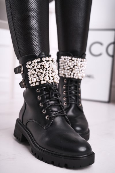 Női csizma, lapos katonai fekete Bemmer