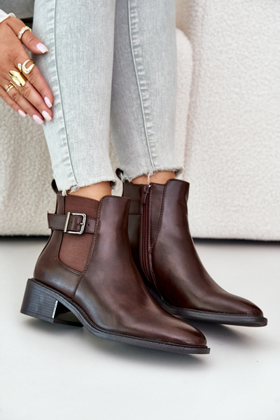 Damen Stiefeletten Mit Niedrigem Absatz Und Goldener Schnalle Braune Vomera