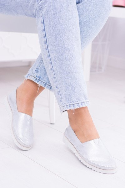 Chaussures à enfiler en cuir argenté pour femmes Frela