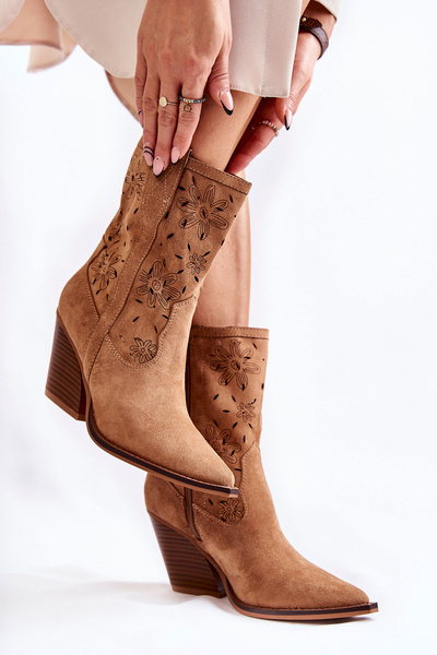 Bottes Cowboy En Daim À La Mode Avec Fleurs Camel Coralie