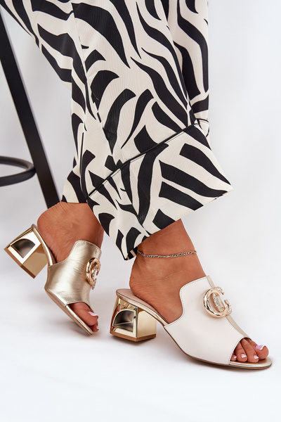 Sandale Elegante din Piele cu Toc Bej-Auriu Laura Messi 2875