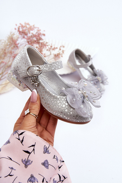 Balerine pentru copii cu Velcro Bow Silver-Grey Nicola