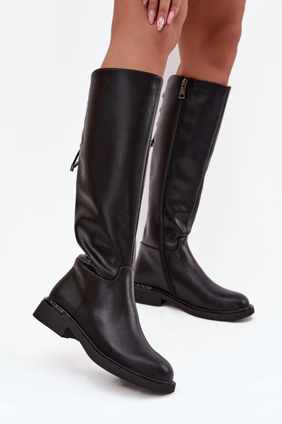 Bottes pour femmes isolantes en cuir naturel à talon plat Vinceza 66822 Noire