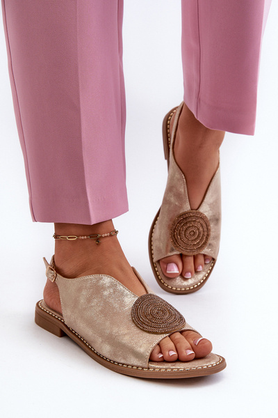 Damen Sandalen mit Verzierung auf flachem Absatz S.Barski KV24-057 Golden