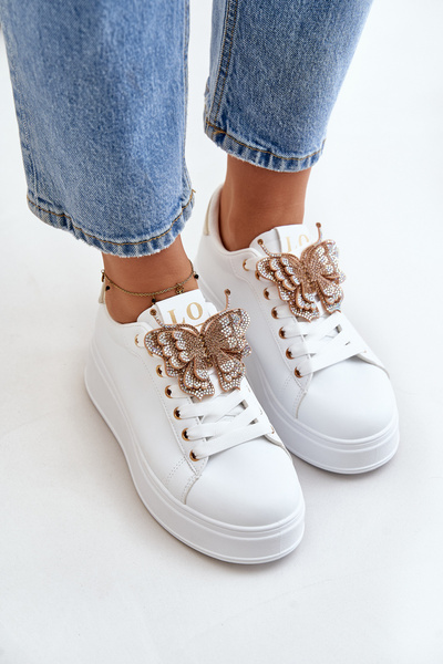 Baskets Plateforme Femme Avec Papillon Blanc-Or Naritevia