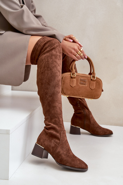 Cizme Cu Toc Blocat Până La Genunchi Din Eco Suede Maro Galadi