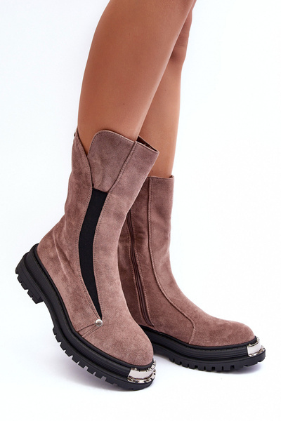 Női művelúr párnázott lapos sarkú bokacsizma Sötétbézs Palimra