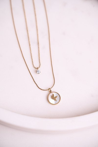 Collier Double Papillon et Zircon Cubique Papillon Doré