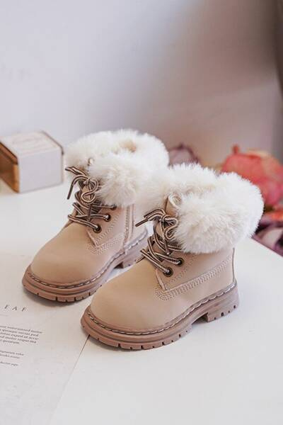 Bottines Trappeur Enfant Zippées Fausse Fourrure Beige Gerande