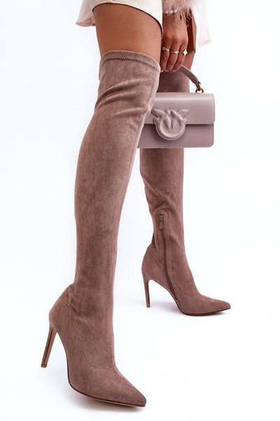 Veloursleder-Overkneestiefel Mit Spitzen Beigefarbene Calfi