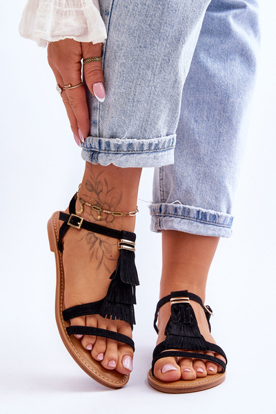 Sandales plates Boho en daim pour femmes Noir Lucami