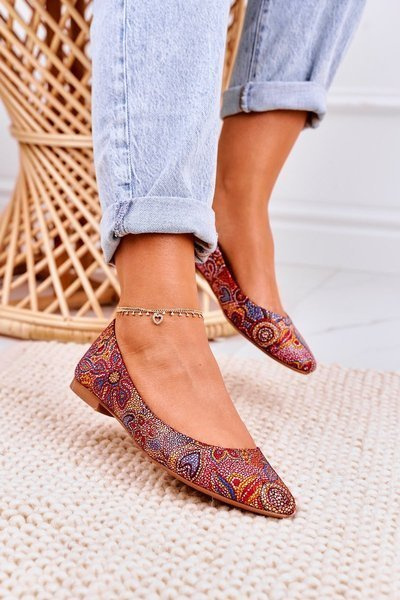 Ballerine din piele pentru femei roșii cu flori 04100-38