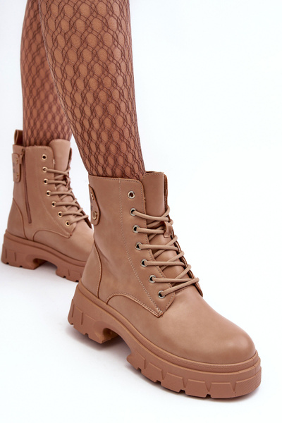 Damen Schnürstiefel Botki auf flachem Absatz Beige Brenhile