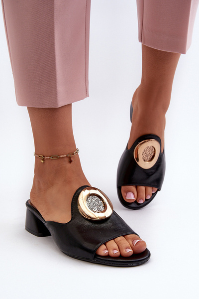 Sandales élégantes pour femmes à talon bas et décoration dorée noir Uzimila