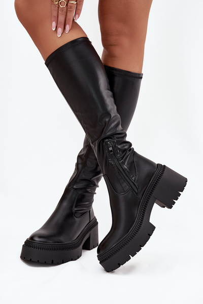 Cizme pentru femei cu toc gros și platformă slip-on Negru Florinne