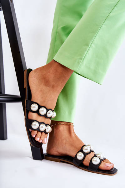 Women's Leather Slippers With Decorative Pearls Black Lasello