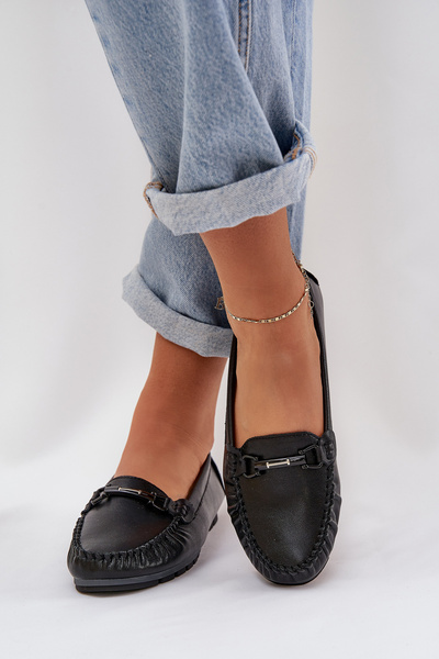 Mocassins En Cuir Plat Avec Décoration S.Barski LR51-547 Noir