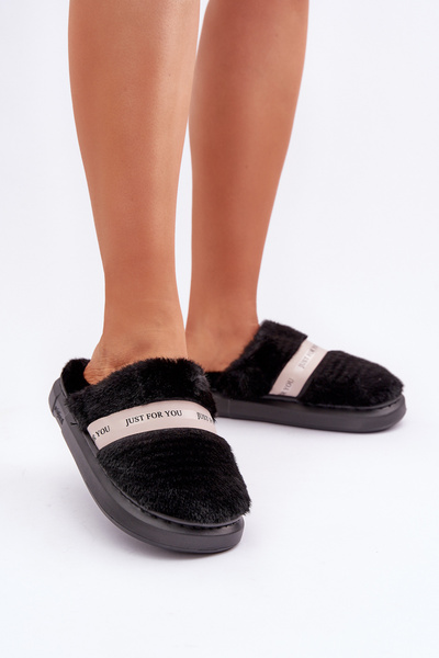 Flauschige Hausschuhe Mit Dekorativem Riemen Schwarze Savalithea