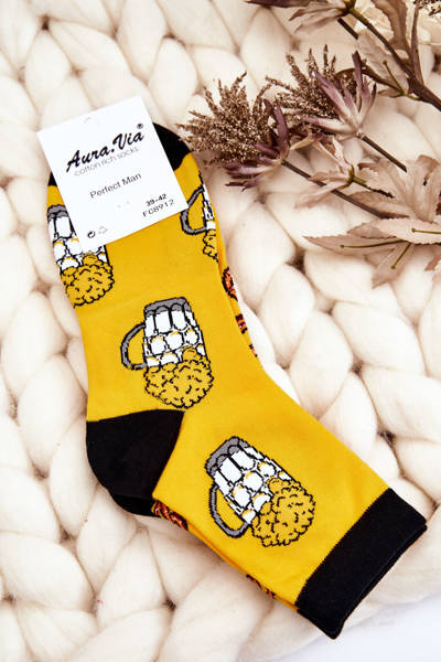 Men's Funny Socks Unmatched Beer And Pretzels Yellow