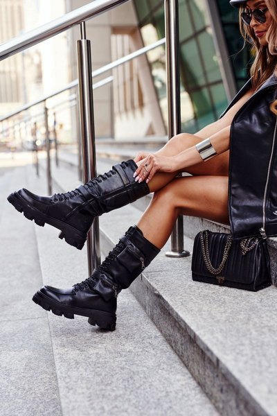 Damen Plateaustiefel Fleece Schwarz High Winryna
