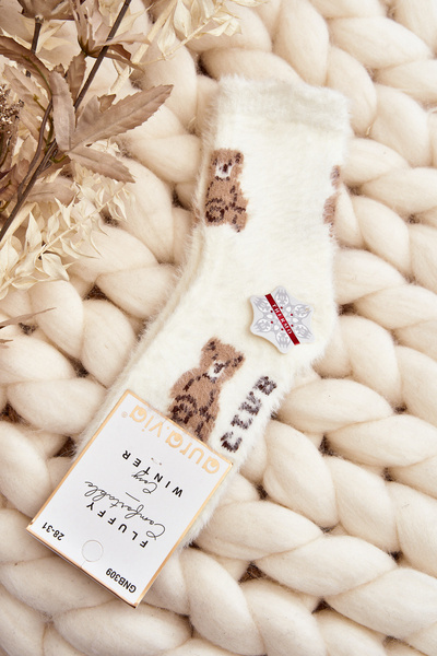 Children's Furry Socks with Bear White