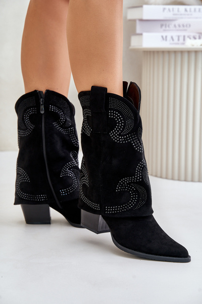 Embellished ankle boots cowboy style mid-calf on heel black HY42-153