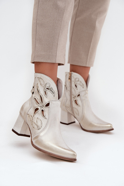 Bottines En Cuir Aéré Pour Femmes Sur Talon Zazoo 3647 Or Pâle Usé