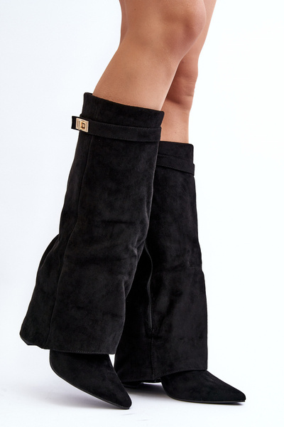 Damen Kniehohe Stiefel mit Absatz Schwarz Portora