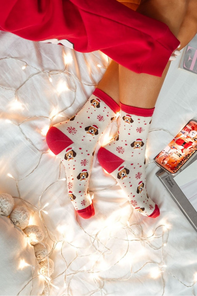 Chaussettes de Noël pour Femmes Chiens dans un Chapeau de Père Noël Beige