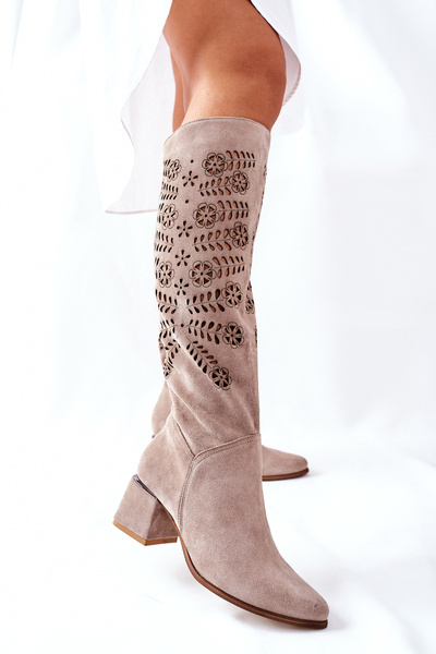 Openwork Suede Cizme înalte Beige Romena