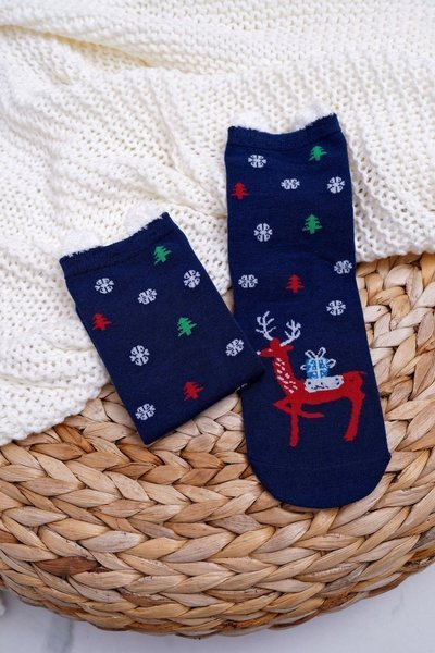 Chaussettes de Noël femme bleu marine avec oreilles et renne
