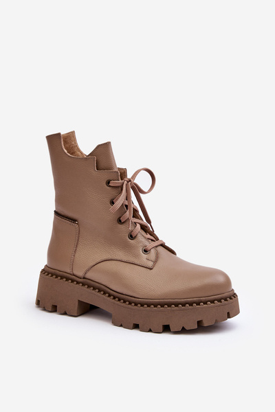 Damen Leder-Trapper-Stiefel Mit Reißverschluss Zazoo 949P Dunkelbeige