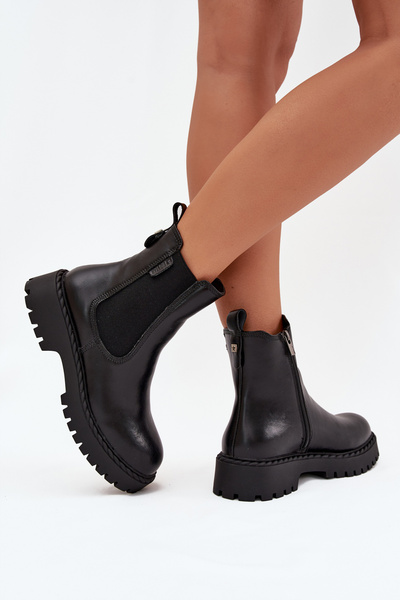 Leder Damen Stiefeletten Gefüttert Mit Reißverschluss Big Star OO274109 Schwarz