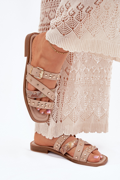 Verzierte Damen-Sandalen mit flachem Absatz und Riemen und Schnalle beige Manitte