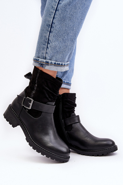 Damen Flache Absatzstiefel mit Schnalle Schwarz Cillolis