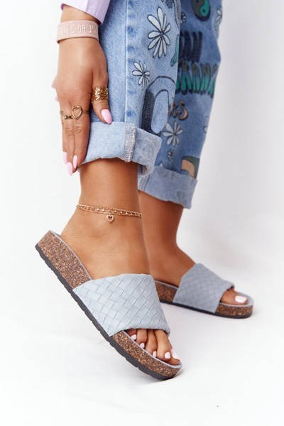 Chaussons En Cuir Sur Semelle En Liège Bleu Clair Catalina