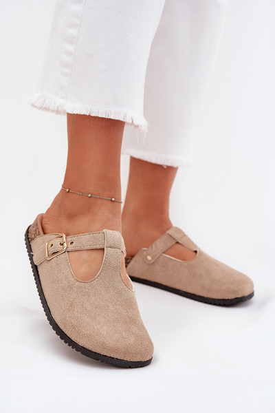 Damen Pantoletten Mit Goldschnalle Beige Lirina