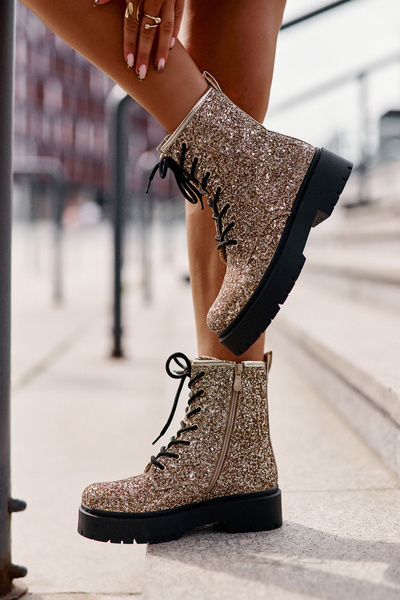 Bottes Worker Isolées Femme Ornées De Paillettes Doré Liatheine