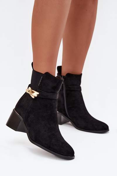Warm gefütterte Damenstiefel mit goldener Dekoration auf Blockabsatz schwarz Sarona